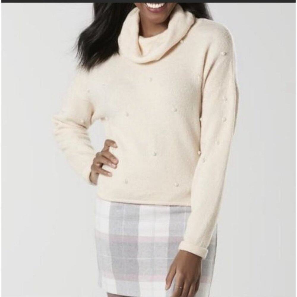 SALE BONGO Cream Pearl Embellished Cowl Neck Sweater Size Large
